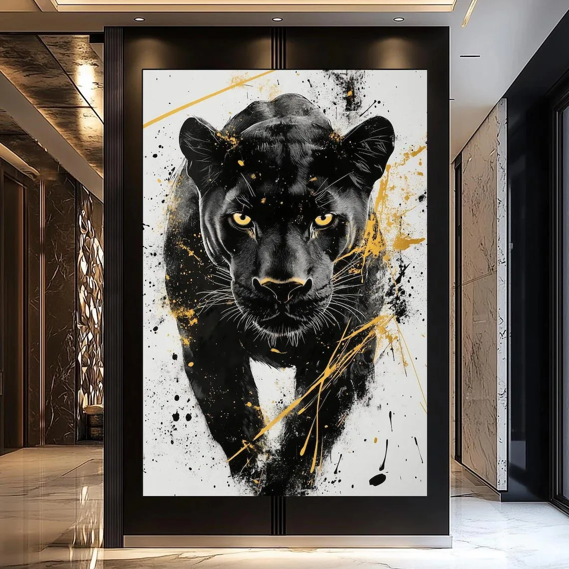 Black Panther Wall Art Canvas Print Luxury Black and Gold Animal Poster Modern Abstract Artwork