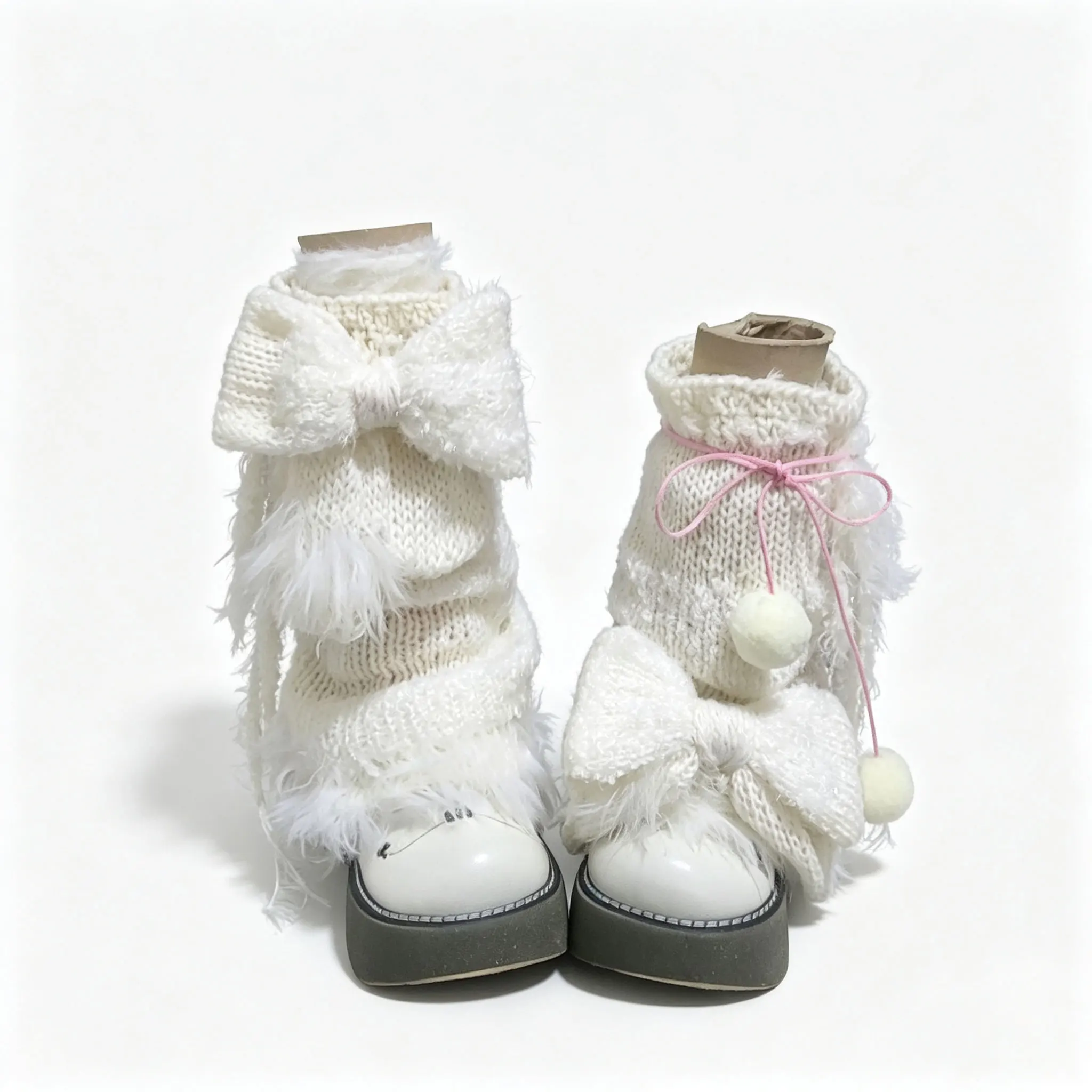 Handmade White Kawaii Leg Warmer Girl Custom Crochet Oversized Knitted Pom Charm Boot Leg Cover Fuzzy Y2K Lolita Fairy Accessory