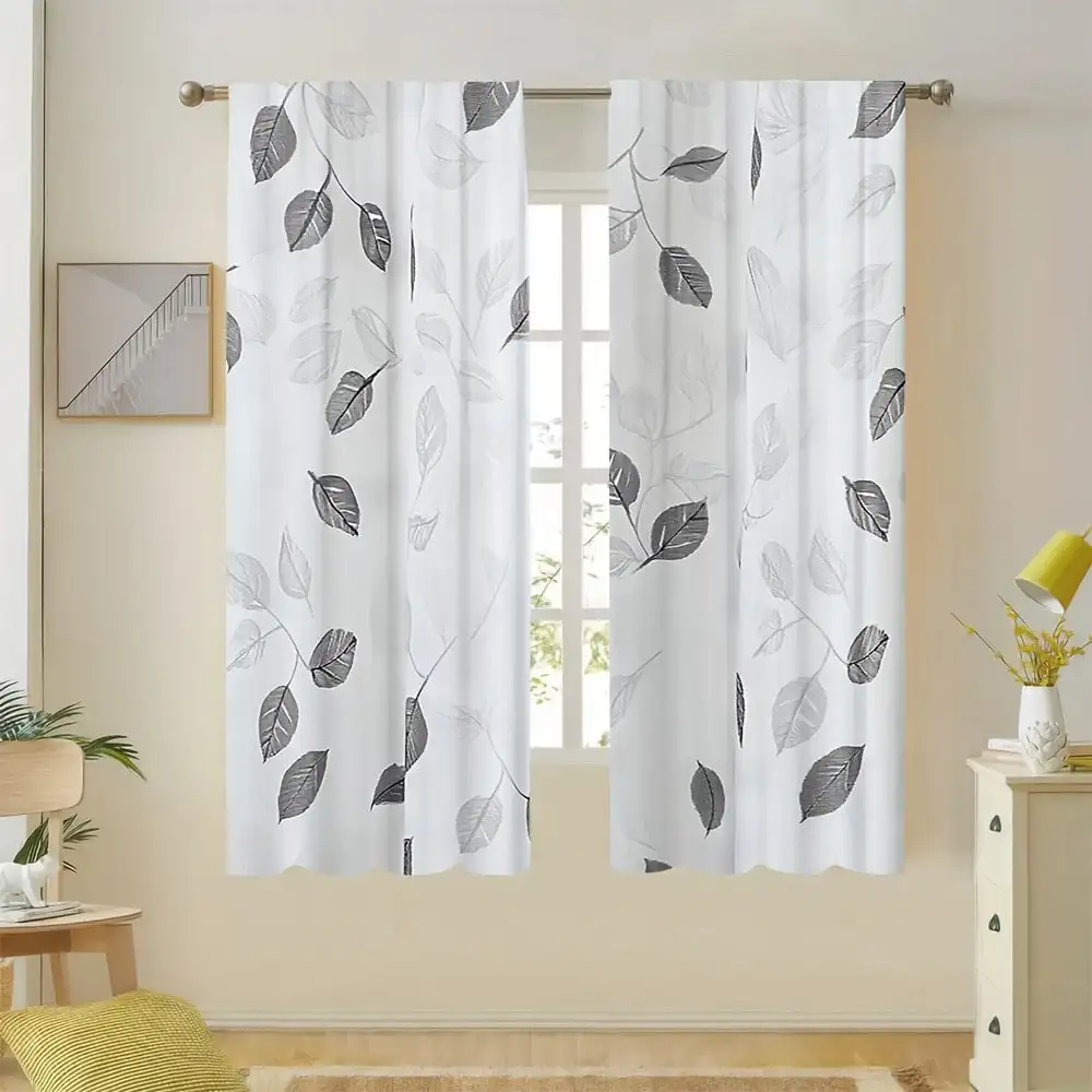 2 elegant black and white leaf patterned curtains - semi transparent polyester, pole bag design