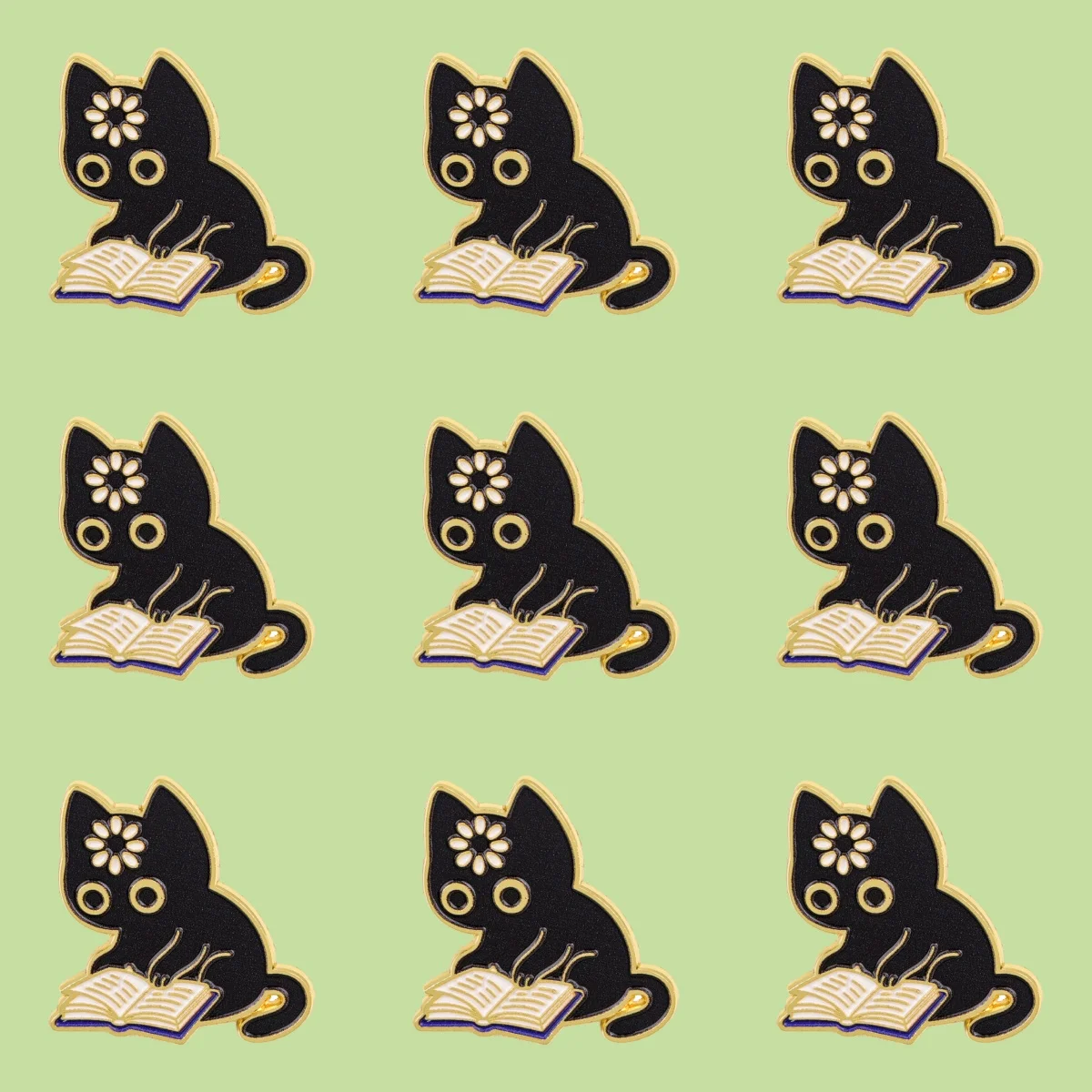 9-teiliges Set: Schwarze Katze Emaille-Pins zum Anstecken – Buch-Lesende Broschen für Damen und Herren, Rucksack-Accessoires, Taschen-Abzeichen, modischer Reversschmuck, Geschenk