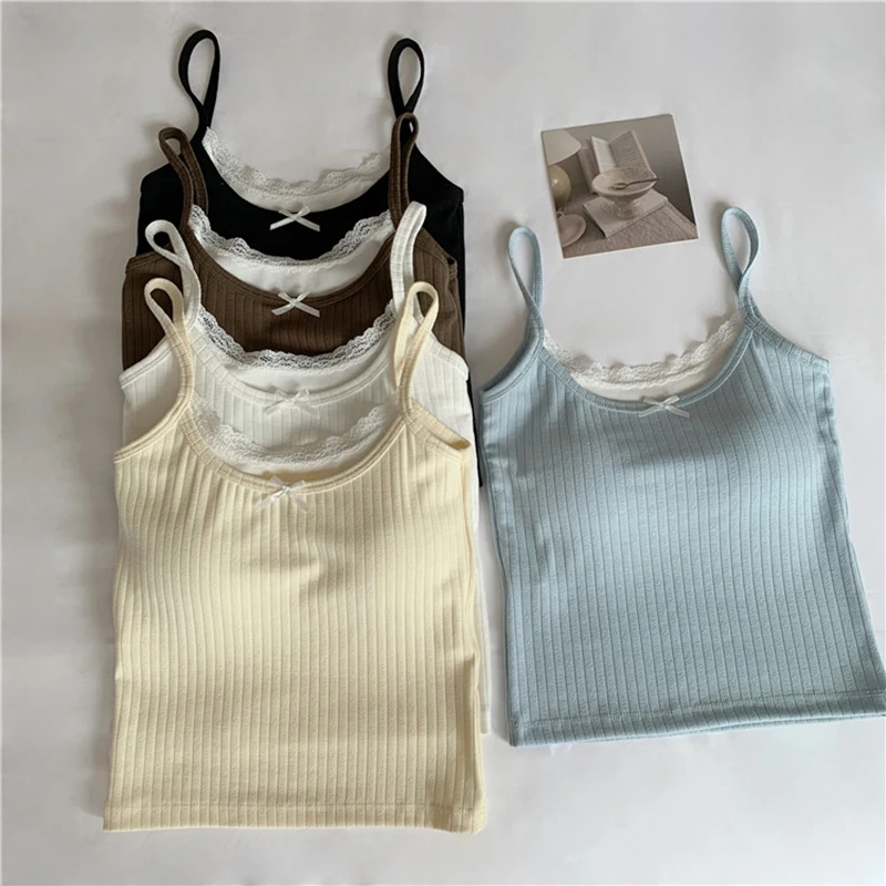 Women Summer Casual Fake Two-piece Bow Tank Top Patchwork Contrast Color Lace Knit Camisole Sweet Off Shoulder Backless Crop Top