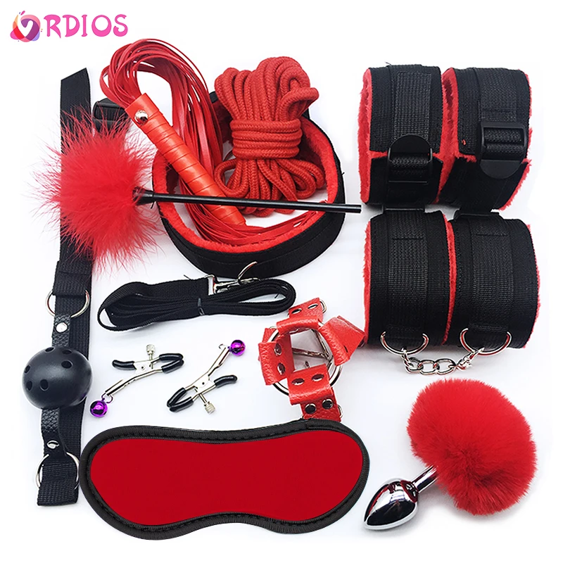 VRDIOS BDSM Sex Bondage Set Handcuffs Gag Whip Nipple Clamps Erotic Sex Toy for Women Couples Adult Sex Shop Anal Butt Plug Tail