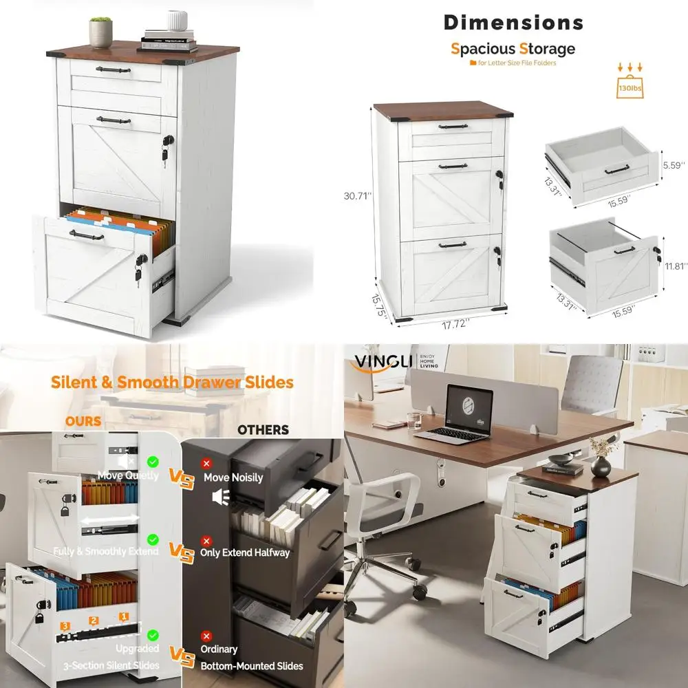 Archivador de tamaño carta de 3 cajones estilo granja moderno con cerradura para organización de oficina en casa