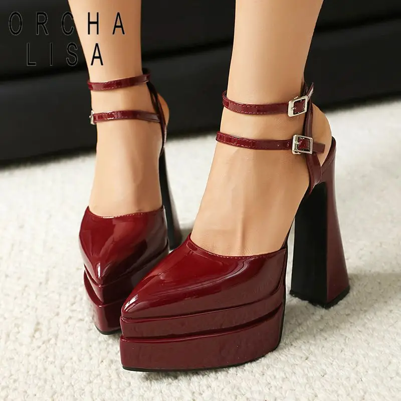 

ORCHA LISA 2025 Shiny Women's Sandals Pointed Toe 13.5cm High Heels 4.6cm Double Platform Buckle Strap Fashion Shoes Size 42 43