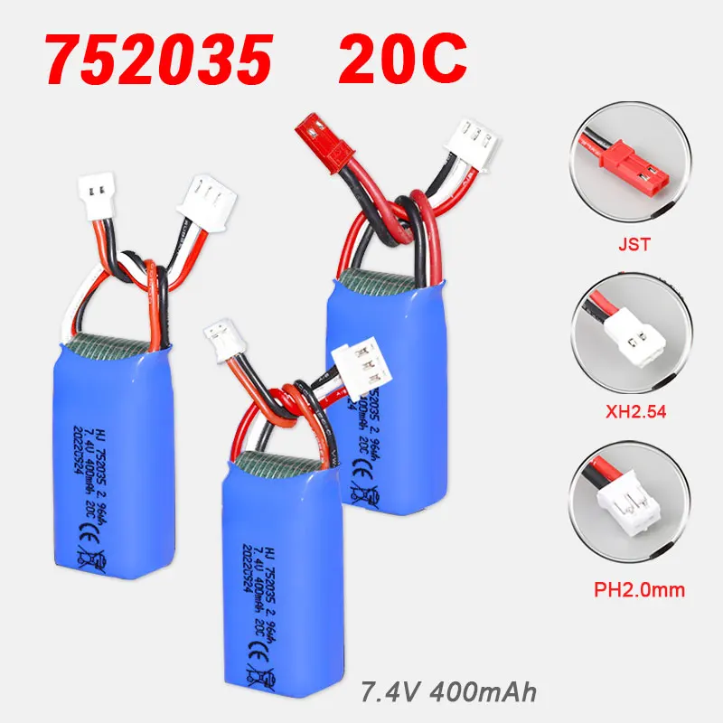 Batterie 7.4V 2s 400mAh 752035 20C Jst Sm Xh2.54 Ph2.0 Prise pour DMHouseQuadcopter Accessoires Drone Aérien + Câble de Chargement USB