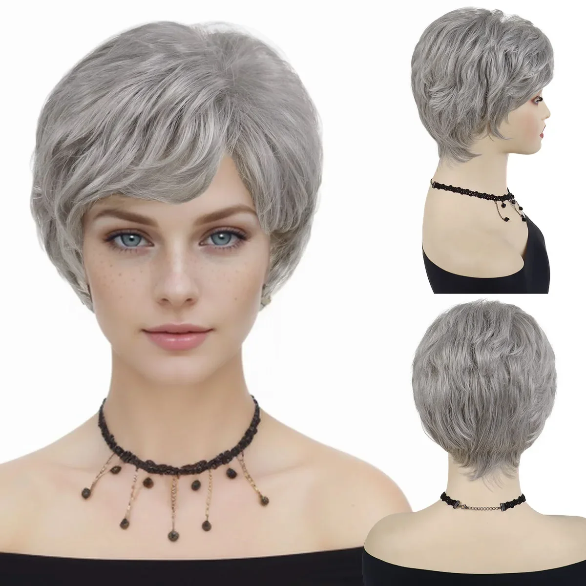 

Short Synthetic Wigs for Women Silver Grey Hair Full Wig with Bangs Natural Style Mommy Wigs Old Lady Costume Halloween Cosplay