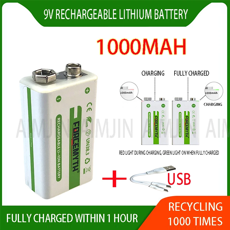 

New 9V Rechargeable Battery 1000mAh 6F22 Micro USB 9v Li-ion Lithium Batteries for Multimeter Microphone Toy Remote Control KTV