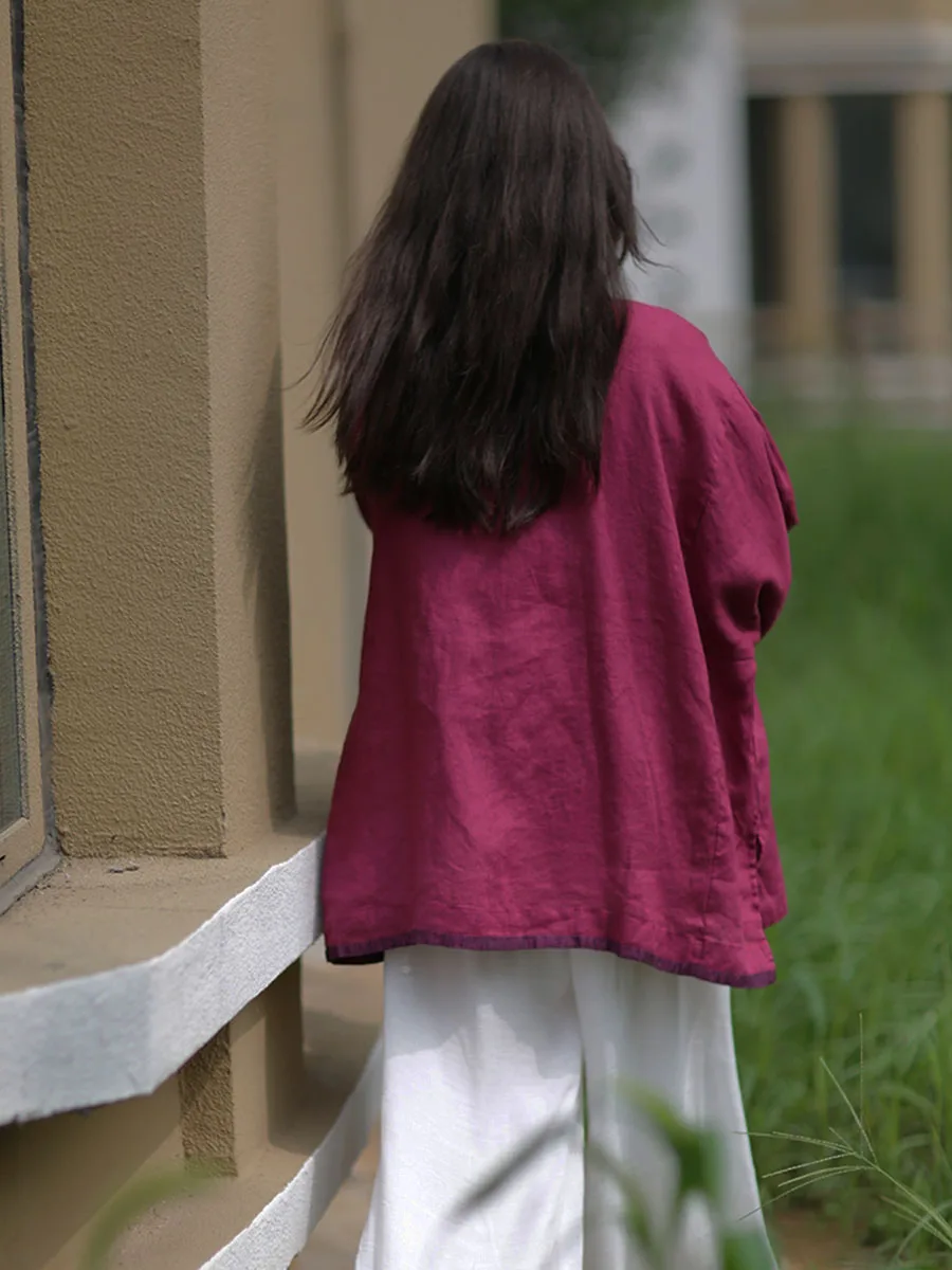 하이 엔드 리넨 대비 짧은 코트 여성 봄 여름 중국어 오픈 패치 워크 빈티지 대형 개구리 단추 긴 소매 탑