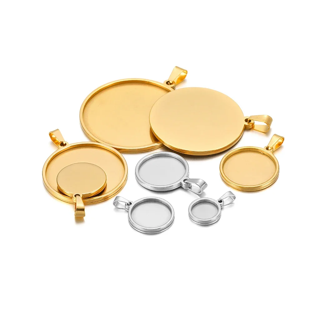 5pcs Gold Color Stainless Steel 10-40mm Blank Tray Base Pendant Cabochon Bezel Settings for DIY Necklace Supplies Jewelry Making