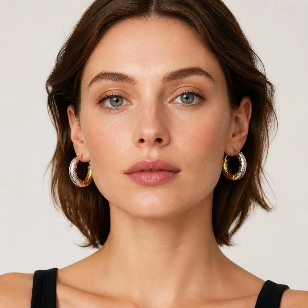 1Pair Two-color Hoop Earrings Ear Buckle Concave-convex Texture Bicolor Earrings Irregular Texture Round Earrings Girl Women