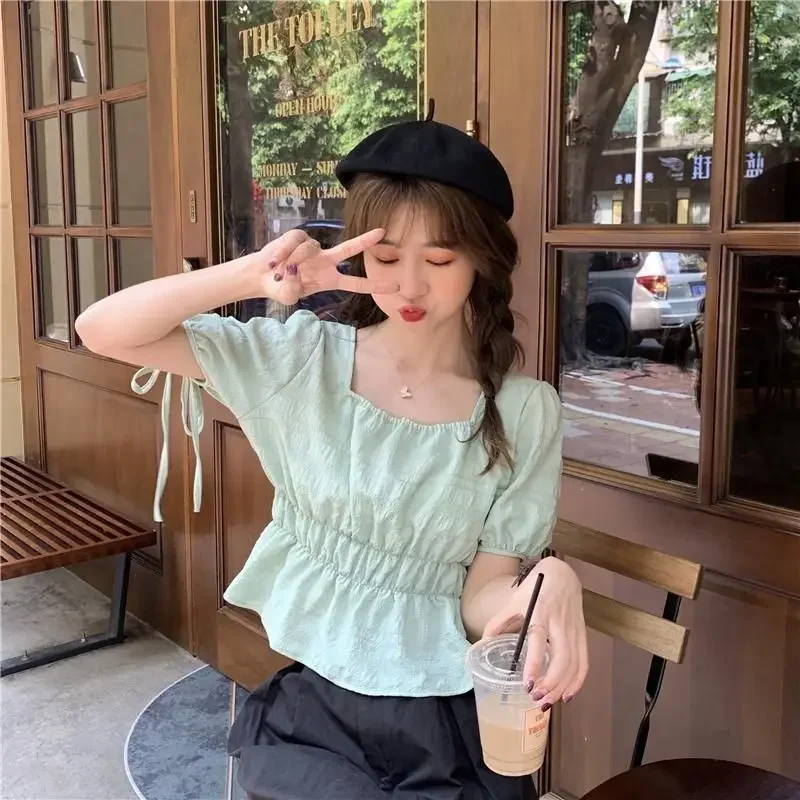 Короткий топ с квадратным воротником и пышными рукавами, женская рубашка с коротким рукавом, ниша дизайна