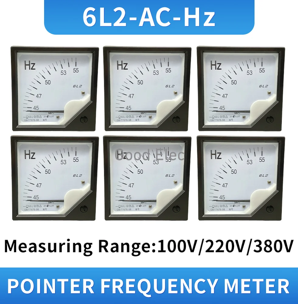 Medidor de Frequência AC,6L2Hz,45-55Hz,100V,220V,380V,Voltímetro 6L2 Hertz,Medidor de Tensão Ponteiro Quadrado,80x80mm