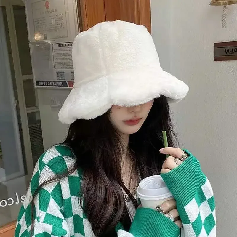 Women Girls Faux Fur Bucket Hat Plush Warm Fisherman Hat Outdoor Windproof Panama Bowl Hats Autumn Street Cold -proof Cap Hats