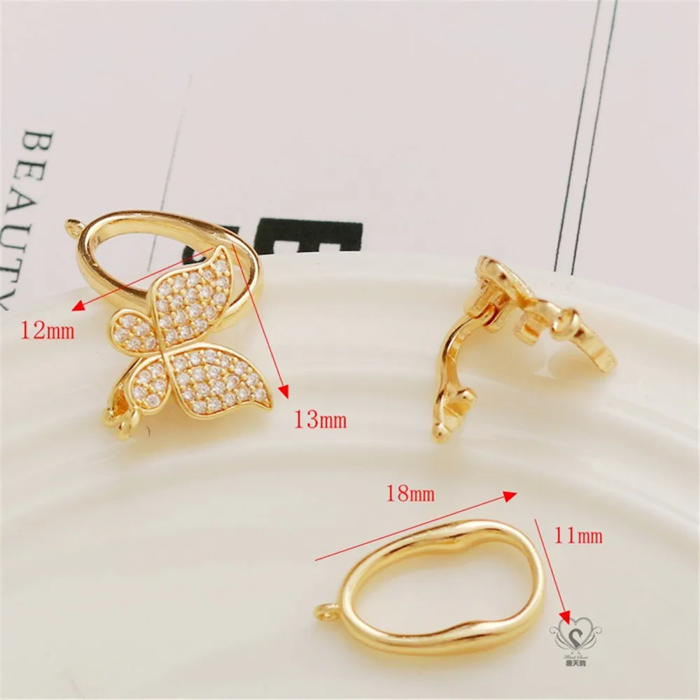 14K Zircon Butterfly Oval Square Concave Convex Button Head Connecting Buckle, DIY Jewelry Accessories, Necklace, Bracelet, Gour