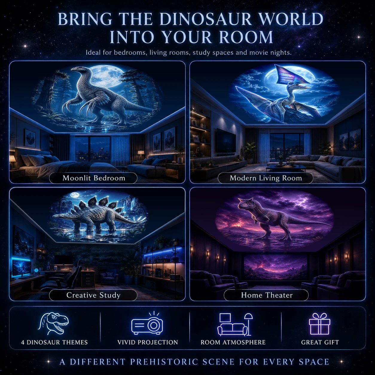 Dinosaur Projection Lamp, USB HD Projector Light with T-Rex, Pterosaur and Prehistoric Animal Themes for Room Decor - view 4