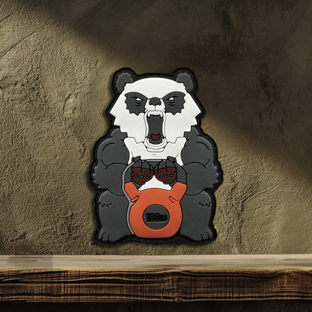 Kettlebell Panda Luminous Pvc Arm Badge Patch Applique Decoration for Clothing, Bags, Hats, and Accessories with Fuzzy Backing