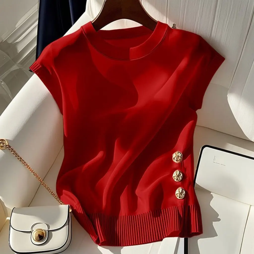 

Women's Pink round Neck Knitted T-shirt Sleeveless French Style Light Luxury Summer Chic Top Age-reducing Super Nice