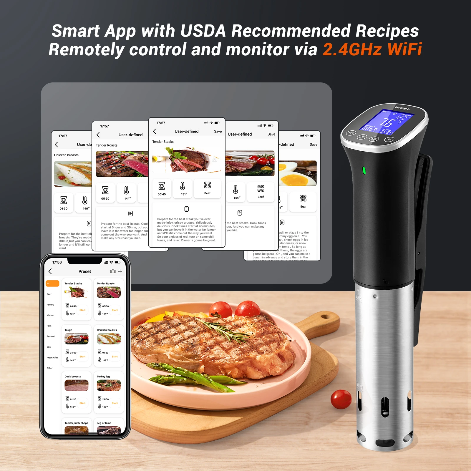 INKBIRD 220V WiFi Sous Vide Machine Waterproof Sous Vide Cooker APP Remote Control with Recipes Alarm Timer Booking Function