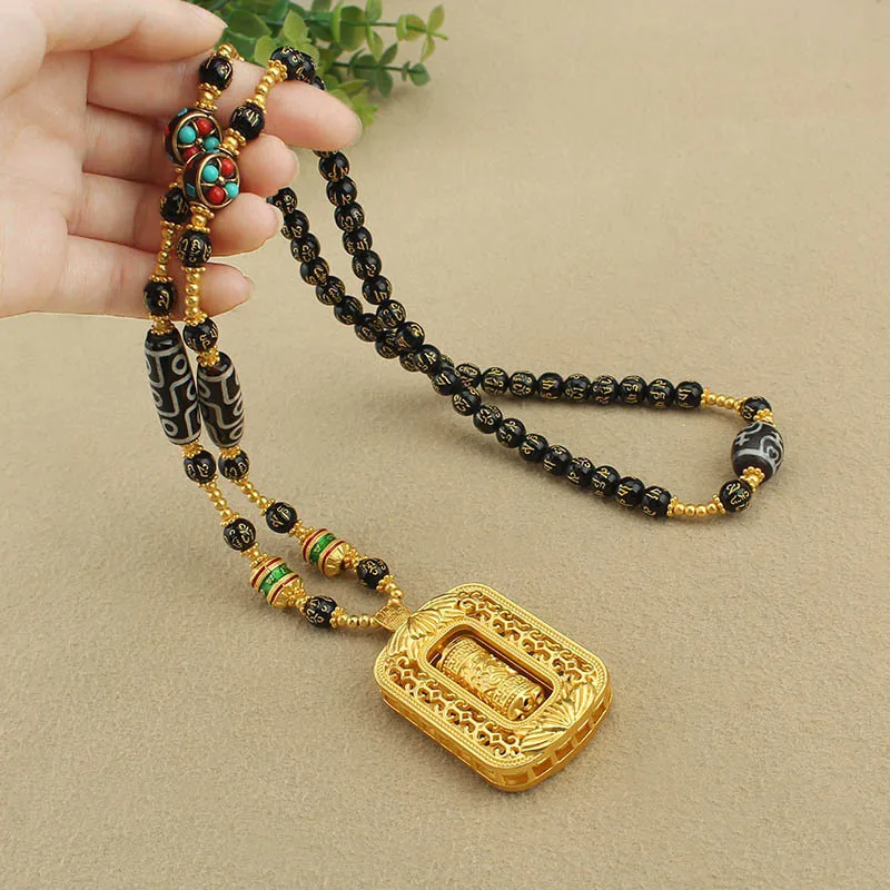 Sand Gold Farbe Anhänger Sechs Charakter Sprichwörter Achat Tianzhu Tangka Halsketten Männer Frauen High-End Lange Halskette Mode Schmuck – Detail 3