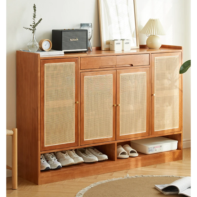 

Solid Wood Shoe Cabinet Rattan Door Household Large Capacity Log Storage Cabinet Locker Entrance Cabinet