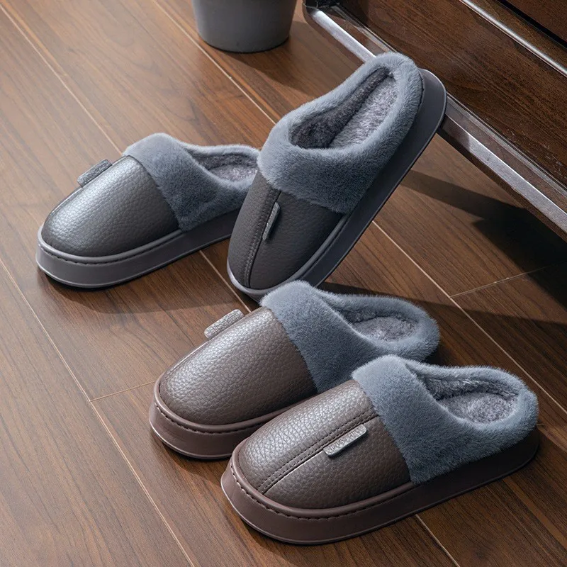 Big Size Men Winter Slippers Home Warm Shoes Platform Slides Waterproof PU Leather Couples Outdoor Non-Slip Furry Plush Flats