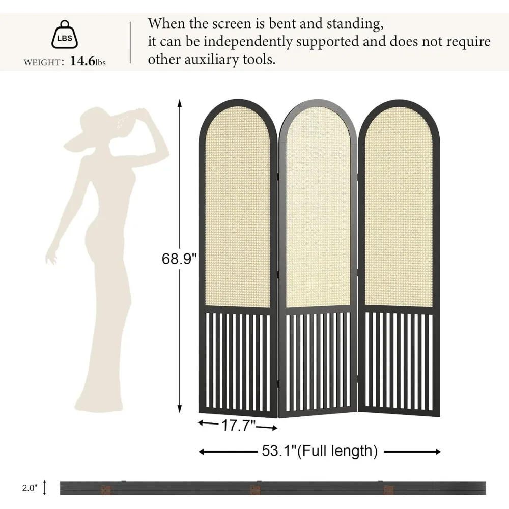 مقسم غرفة الروطان طويل القامة قابل للطي مع إطار خشبي - شاشة خصوصية منسوجة يدويًا للمنزل، قسم قائم بذاته #2