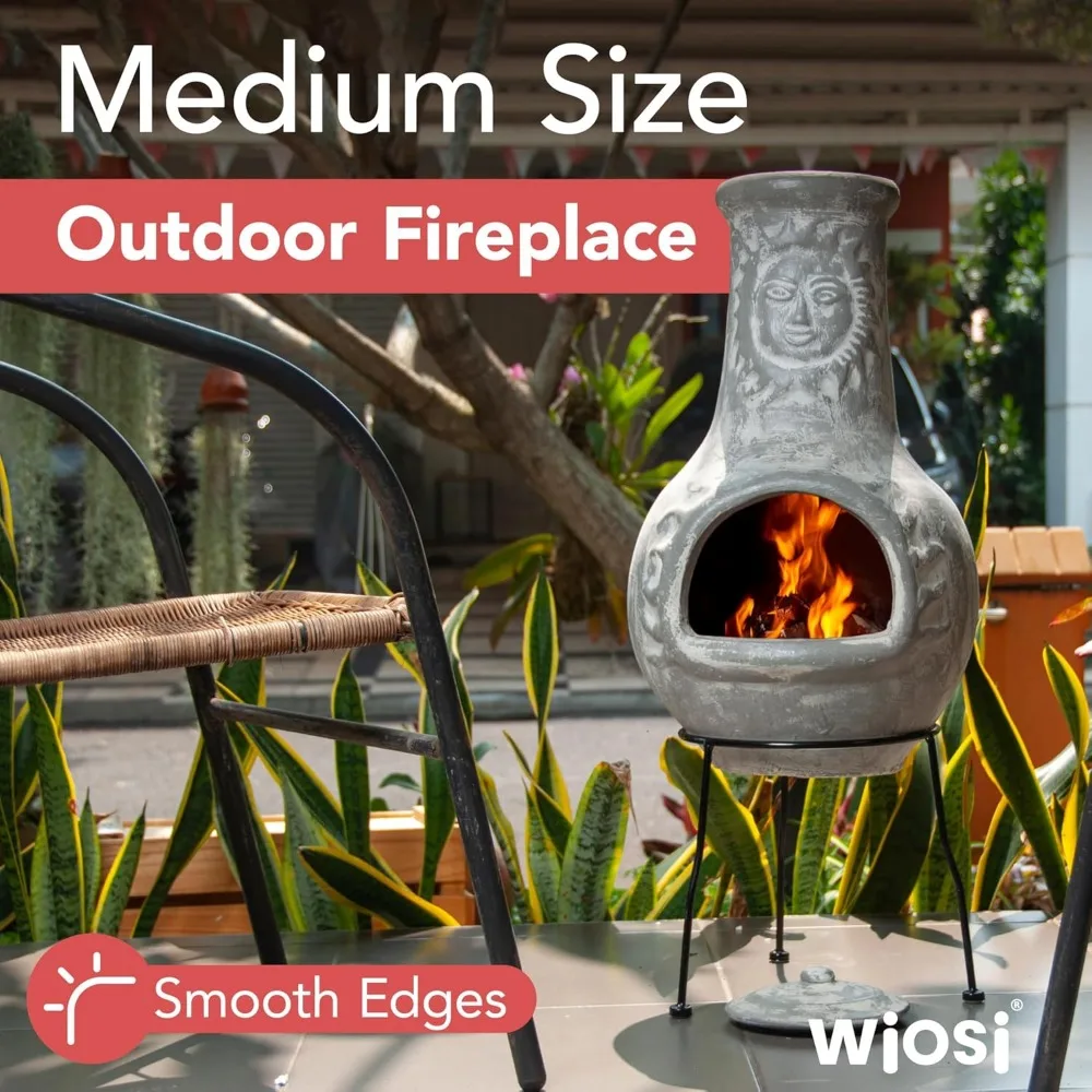 Medium Chiminea Outdoor Fireplace Grey Clay Chimineas with Chimney Rain Lids and Solid Metal Stands - Grey Terracotta Chimenea