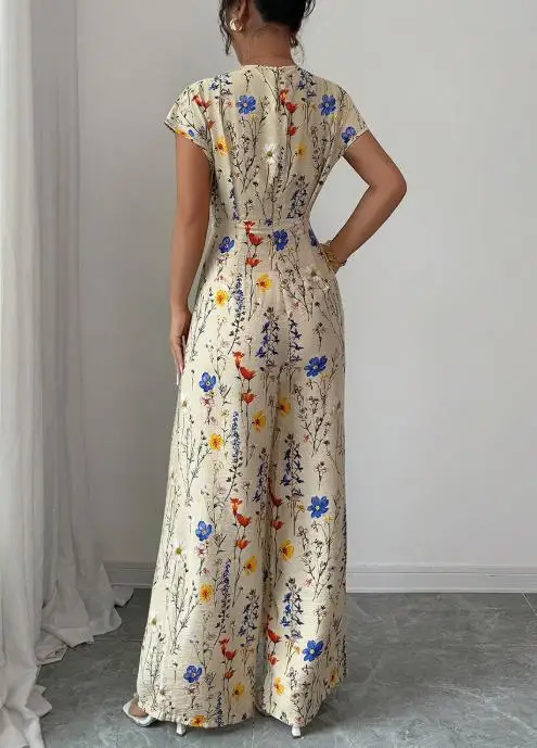 Jumpsuit Wanita Cetak Motif Terbaru Musim Gugur 2025, Lengan Pendek, Pinggang Terikat, Celana Kaki Lebar