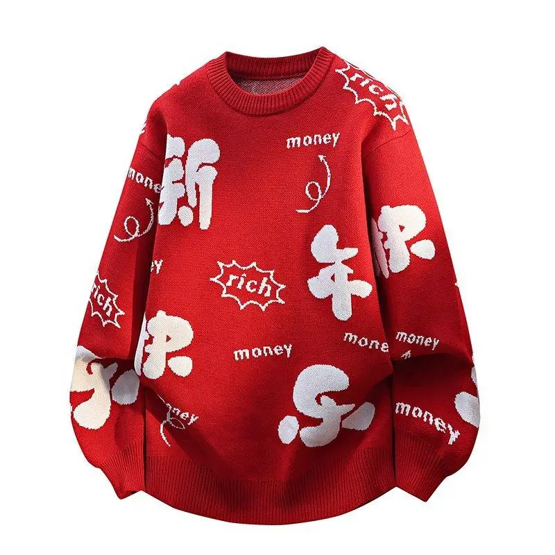 

Новинка 2023 года, мужской вязаный свитер, зимняя одежда для пар, красный трикотаж для подростков и молодежи, удобный повседневный свитер