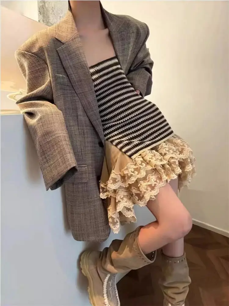 

Корейский клетчатый костюм с кружевной отделкой, укороченный топ, полосатая юбка, комплект из футболки, юбка трапециевидной формы с высокой талией, повседневная одежда