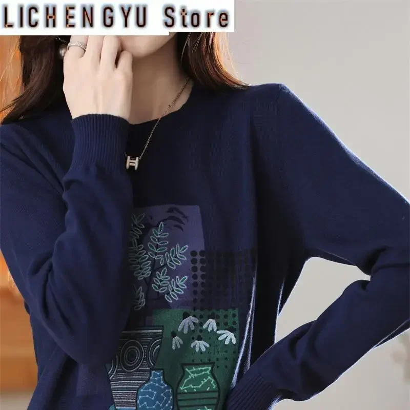 

Cotton Knitted Sweater for Women's Autumn/Winter New Round Neck Long sleeved Coat Printed Sweater