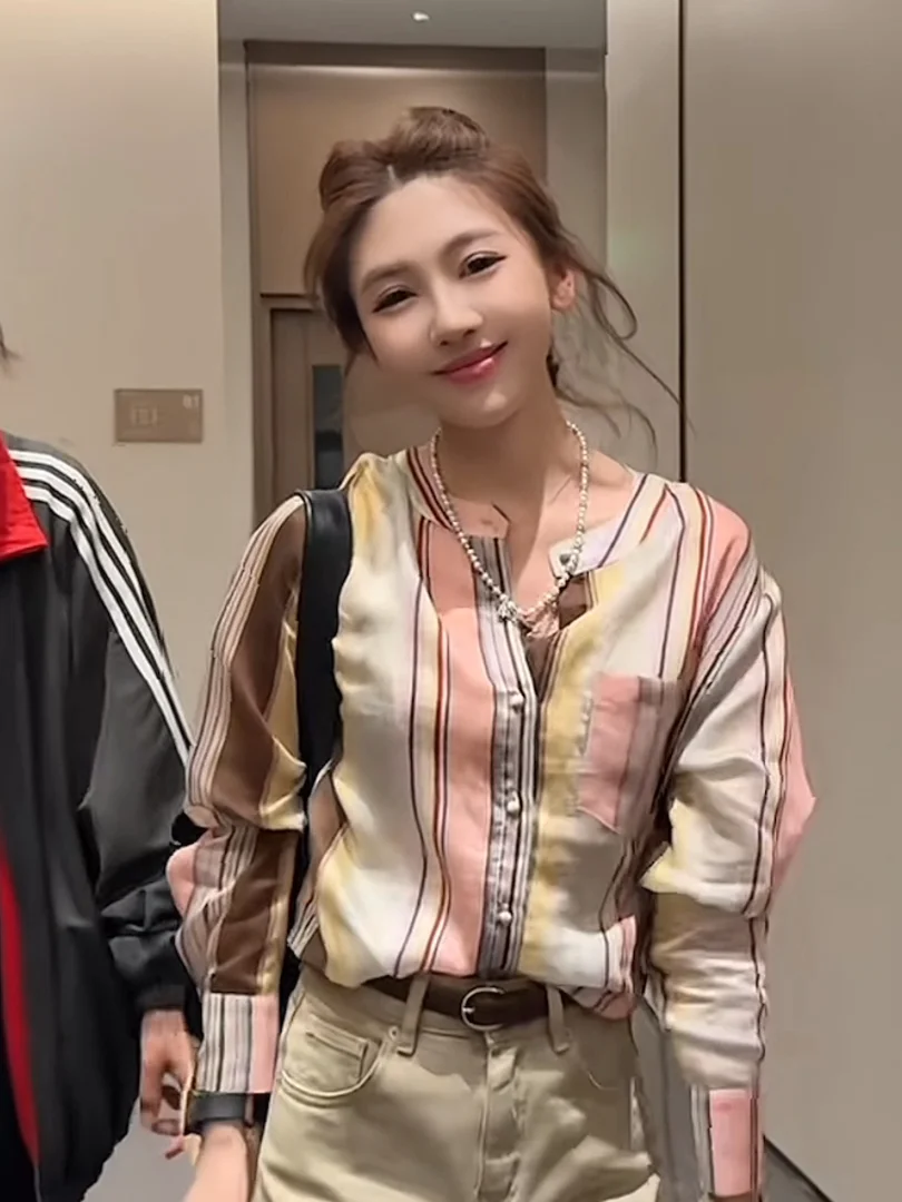 

Paxue Recommended Warm Tea Early Spring Textured Color Stripe Loose Luxury Versatile Long Sve irt Top Women's Faion