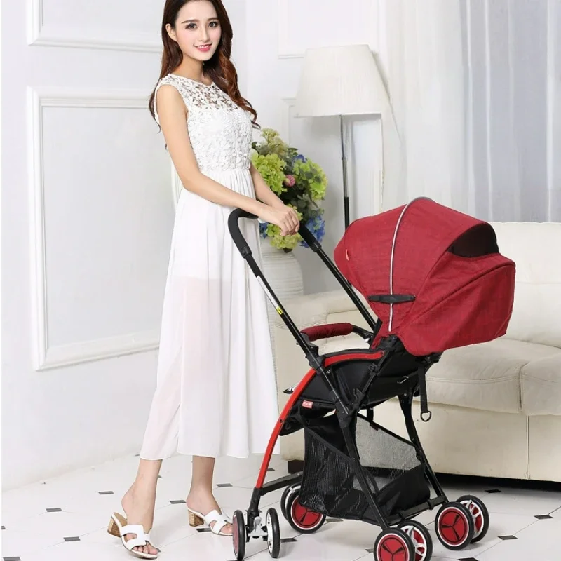 Two-Way Baby Carriage High Landscape Lightweight Stroller Aluminum Tube Baby Pram One-Key Folding Convertible Sit and Lie Design