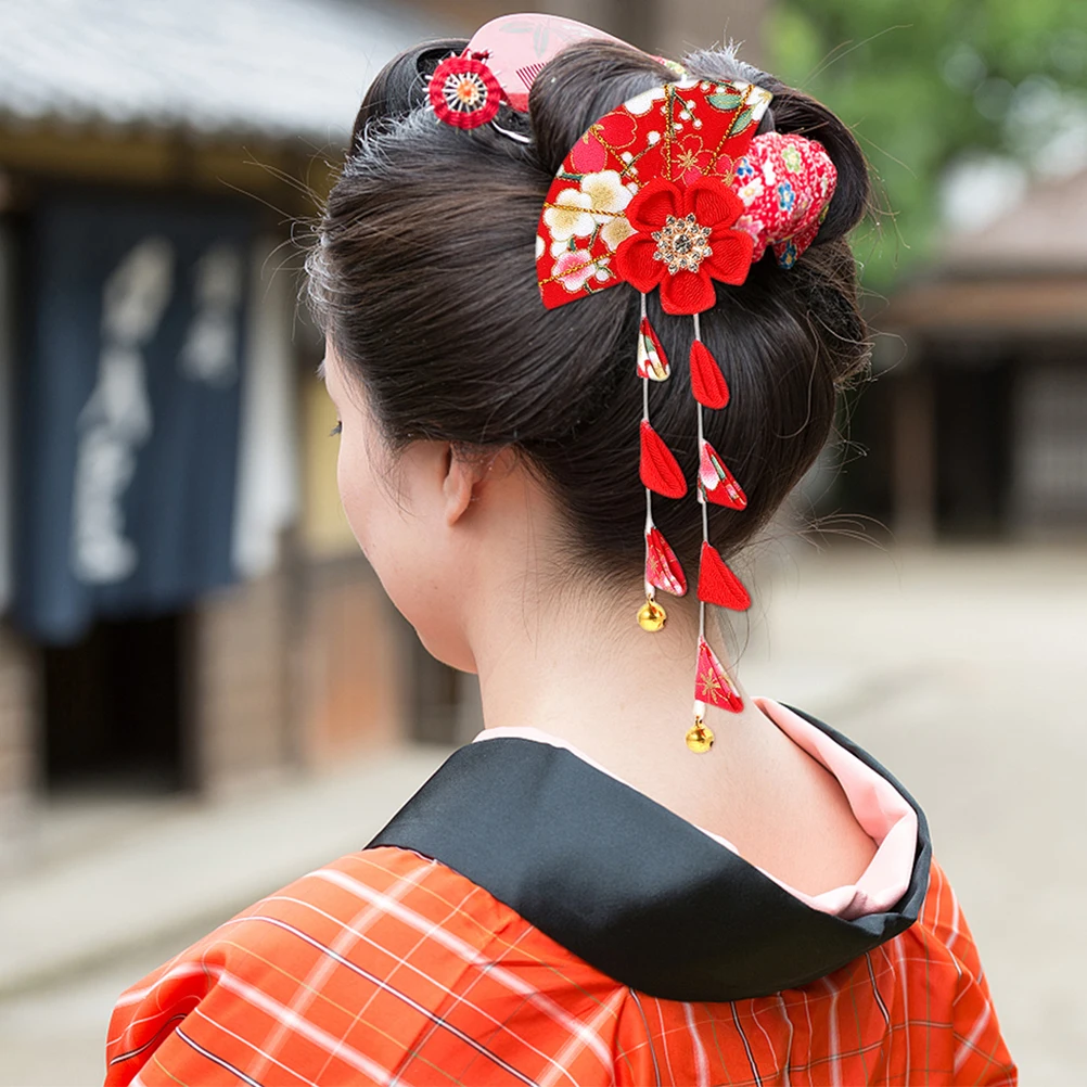 

2 шт. аксессуары для волос в японском стиле, зажим с кисточкой и цветком, китайская заколка с веером, зажимы для невесты, азиатское кимоно