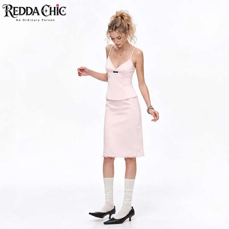 REDDACHiC Cutecore Women Camisole Straight Skirt Matching Set Korean V-neck Corset Top Knee Long Skirt Balletcore Everyday Wear