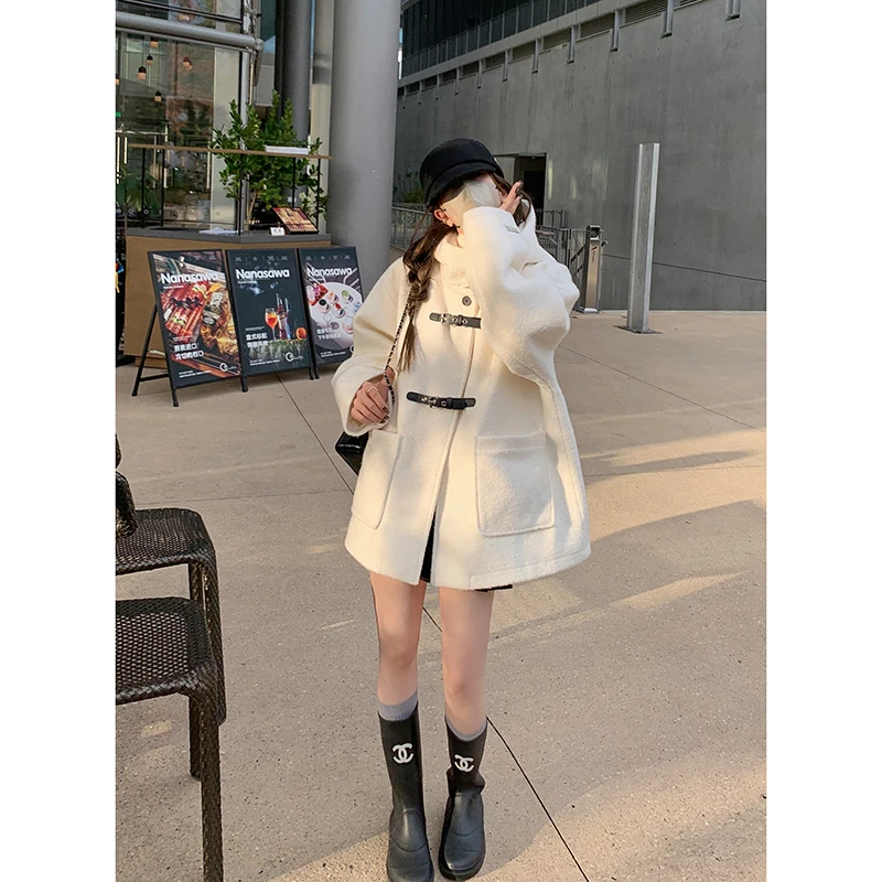 

Lin Chen High-End Woolen Coat Women's Winter Cotton Lined Loose Thiened Camere Coat Hooded Korean Sle Commute Faion