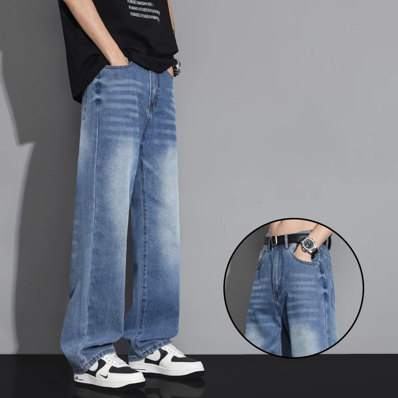 

Широкие джинсы, мужские осенние новые повседневные свободные прямые брюки, синие модные корейские винтажные джинсовые брюки, мужские