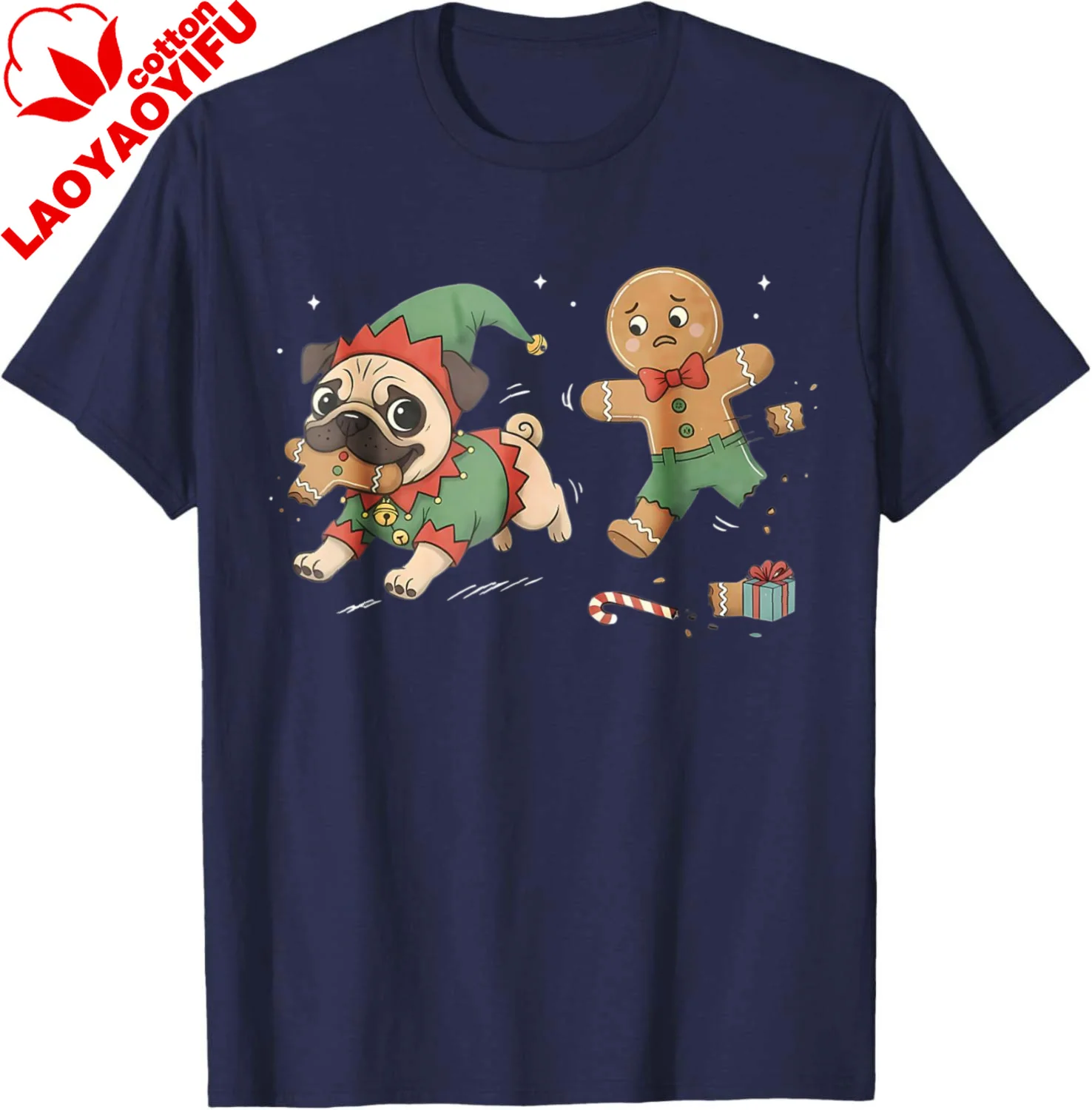 Funny Gingerbread Chasing Pug Christmas Dog Mom Pug Lovers T-Shirt Couple Harajuku Streetwear Clothing Cotton Men's T-shirts
