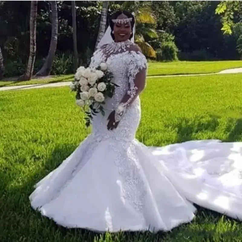 

Customized African Plus Size Mermaid Wedding Dresses High Neckline Illusion Long Sleeve Beaded Bridal Gowns