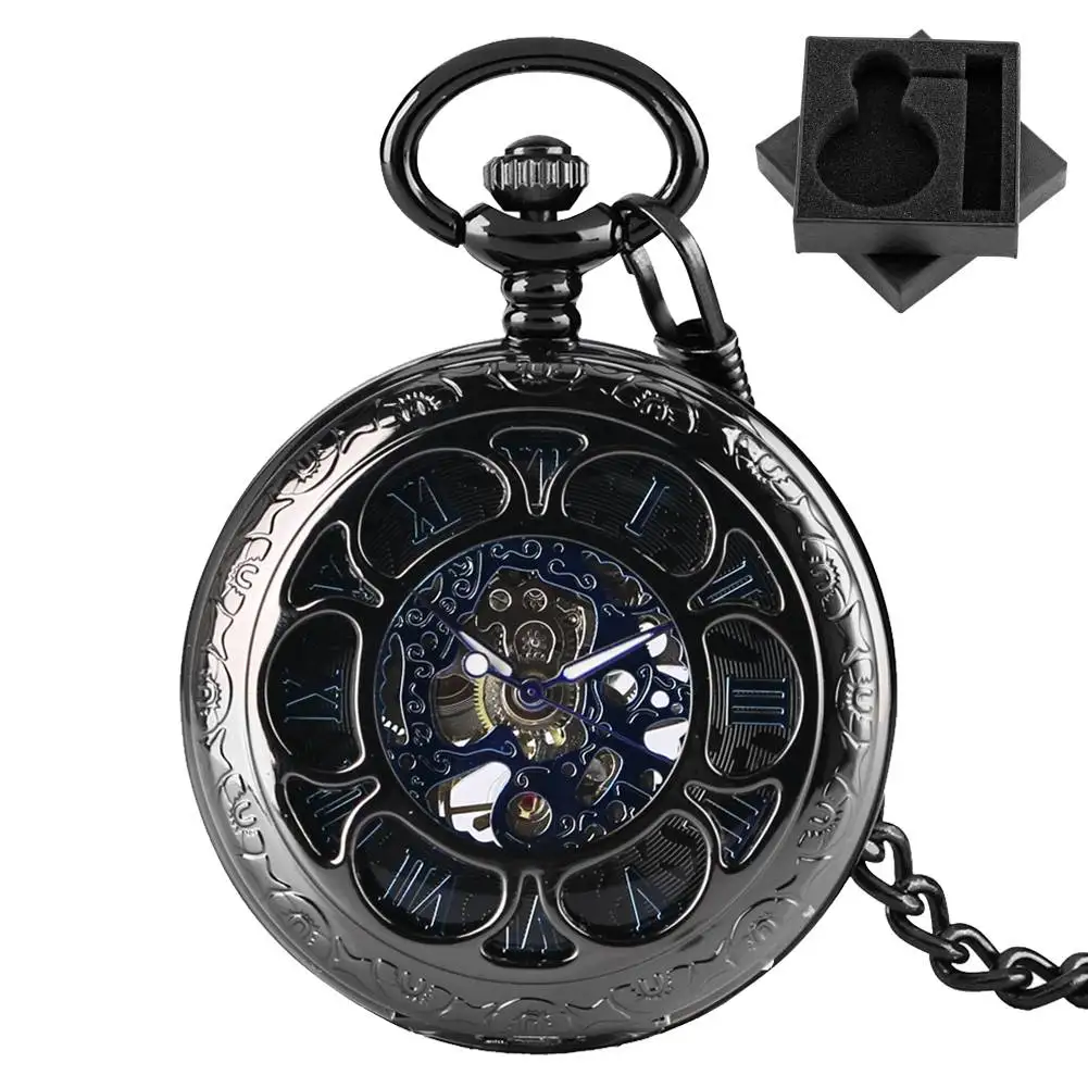 

Прозрачные полые цветочные узоры, механические карманные часы с ручным заводом, синие римские цифры, циферблат, брелок-цепочка, кулон, часы, подарок