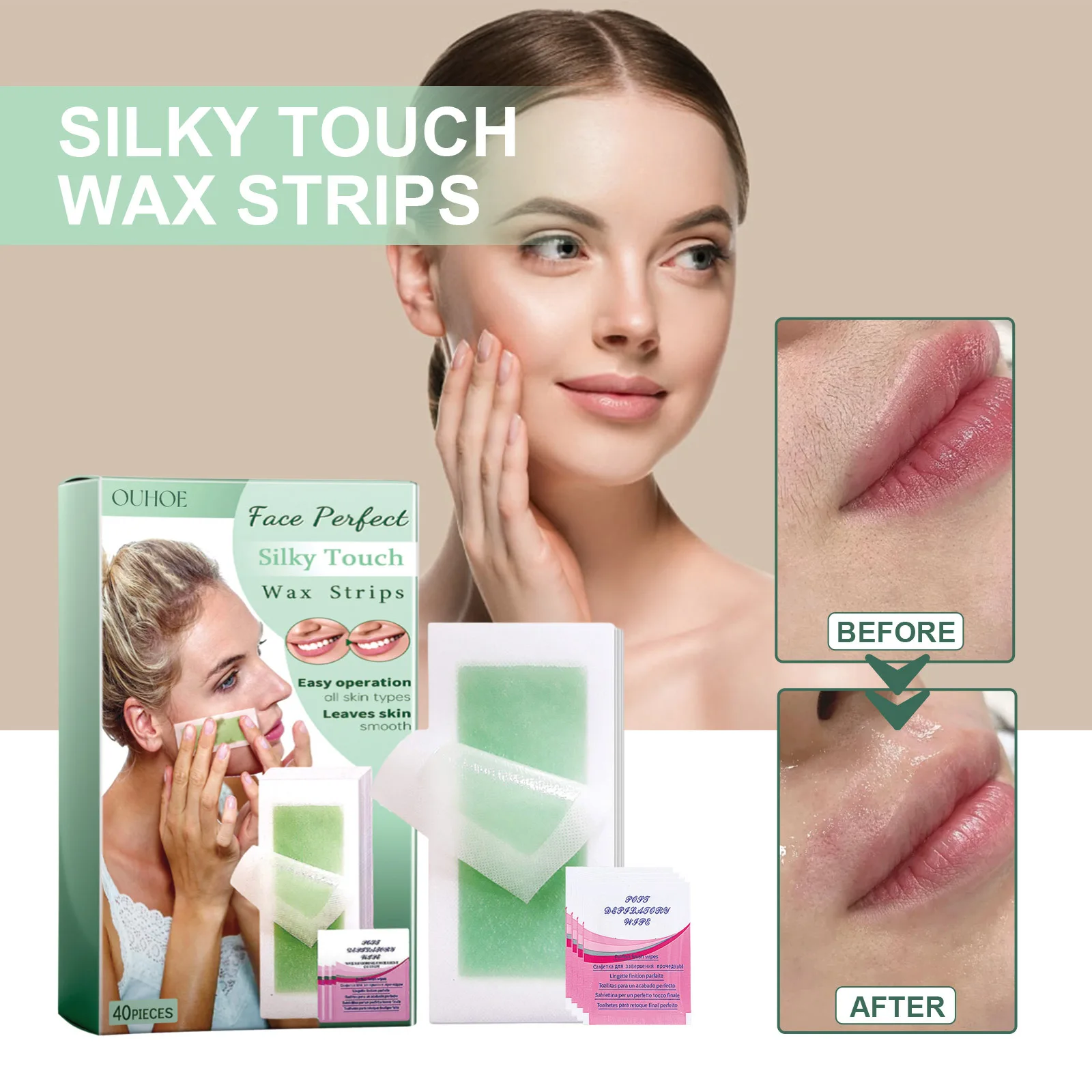 40Pcs Wax Strips Skily Tough Face Lips Mild Non Irritating Smooth Hair Removal Product For Women