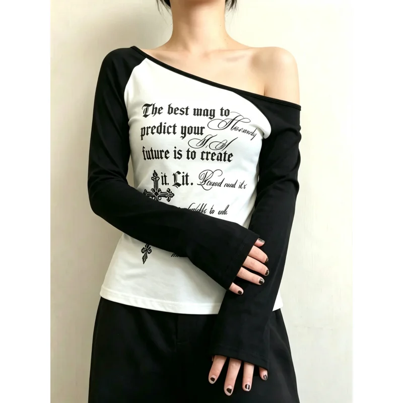 Y2K European American Women Long Sleeve T Shirt Autumn Print Oblique Collar Off Shoulder Slim Fit Waist Unique Design Top