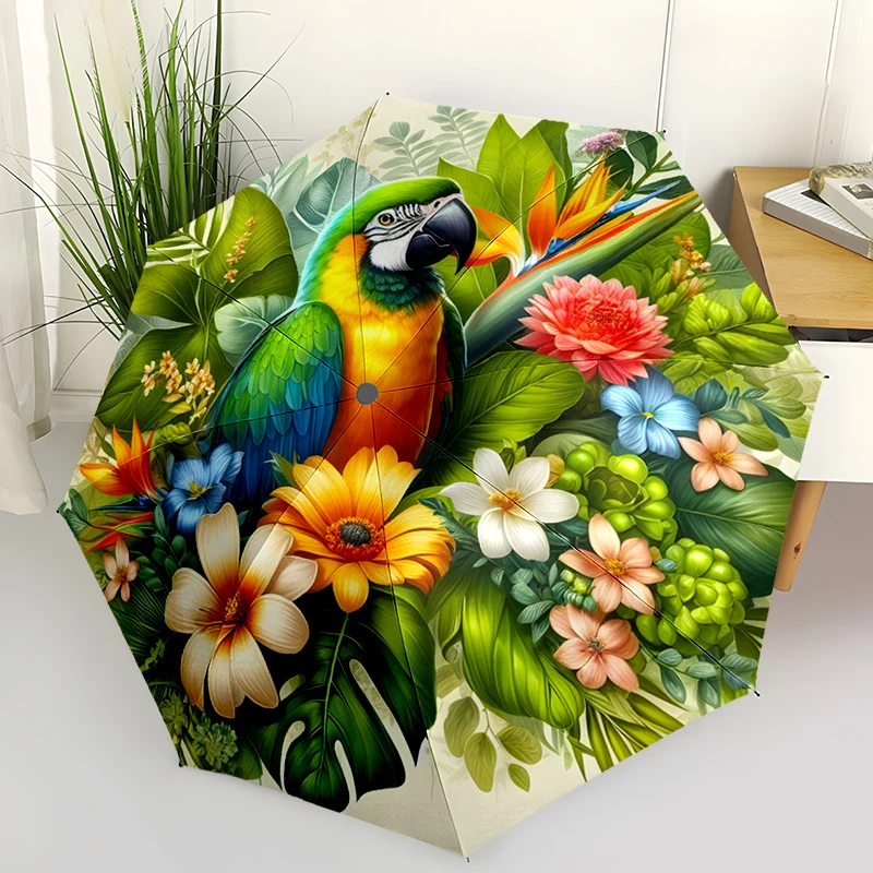 Parrot Theme Design Folding Umbrella - Fashionable Auto-Open Design 8 Iron Ribs Plastic Handle Foldable Sunshade，Perfect Gifts