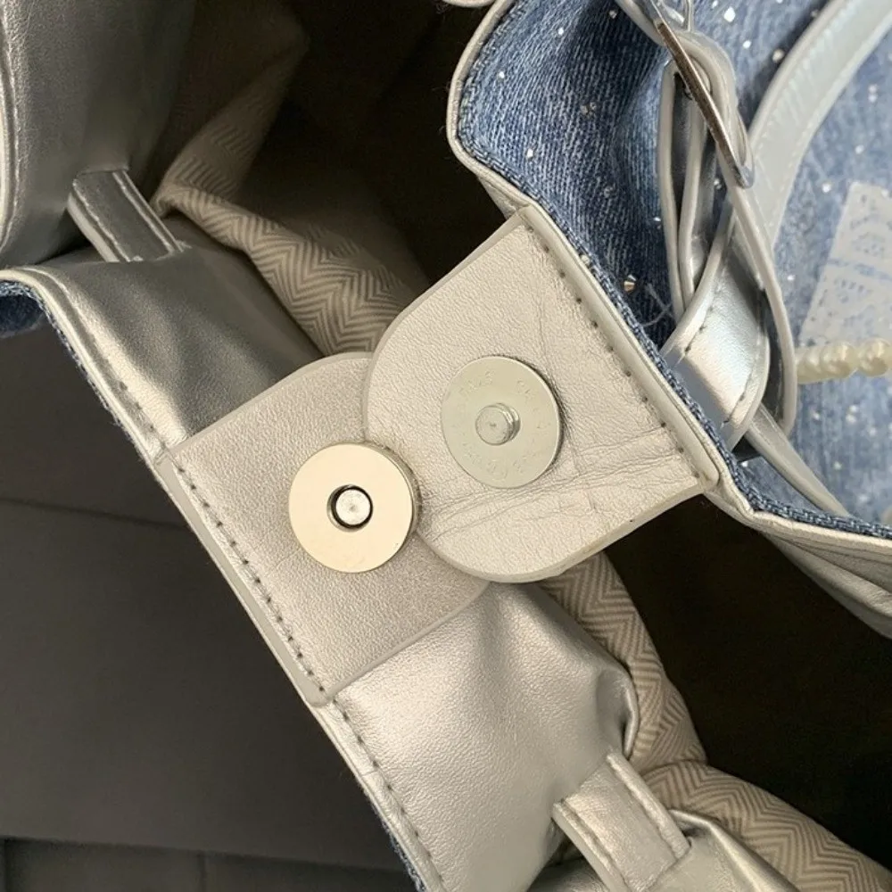 Elegant Denim Shoulder Bag Shining Surface Vintage Style Underarm Bag Large Capacity Waterproof Travel Handbag for Business