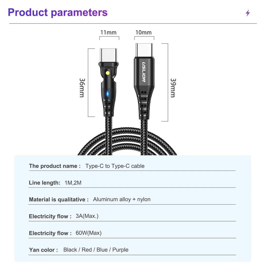 USLION 60W USB Type C To USB C Cable PD USB-C Fast Charging Charger Cable Cord For Samsung A53 A52 S22 Xiaomi Type-C USB C Cable
