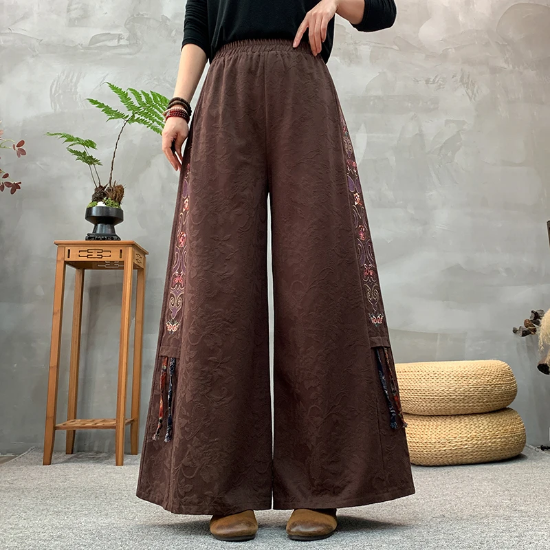 Calças Es de Linho de Aodão Bordadas com Pernas Largas para Mulheres, Calças Casuais de Cintura Alta, Estilo Novo Co...