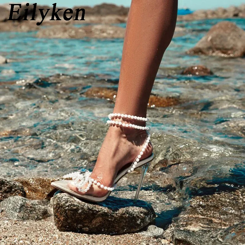 Eilyken Summer Style White PVC Transparent Women Pumps String Beadbowknot Stripper High Heels Party Prom Shoes