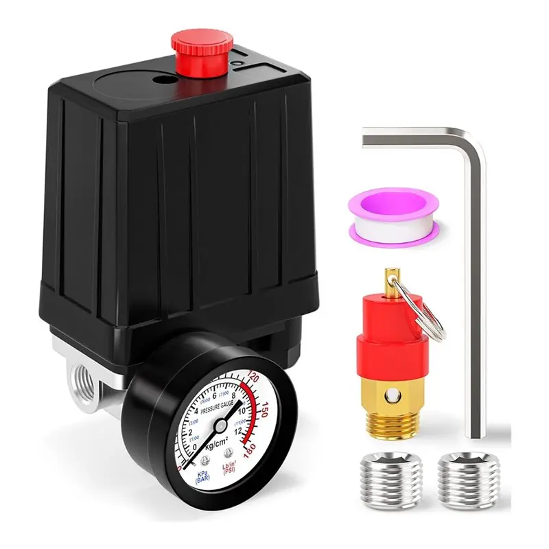 

BHTS-4-Way Air Compressor Pressure Switch Kit, 1/4" NPT, 90-120 PSI, 110V-240V, With Safety Valve