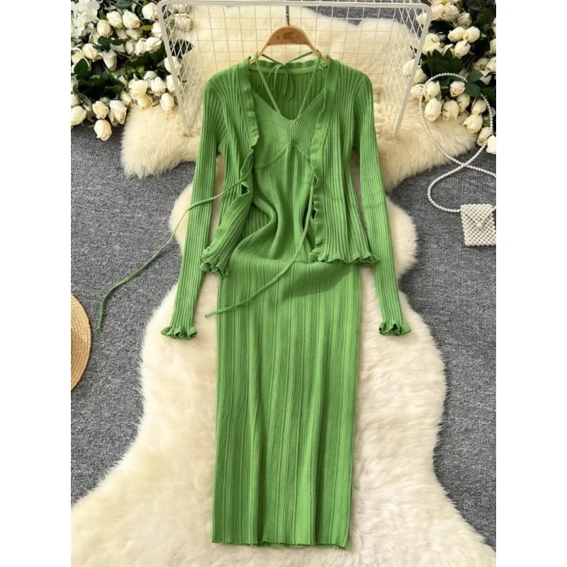 

Autumn Elegant Dress Suit Women Sexy Neck Sling Midi Long Dress Outer Long-sleeved Knitted Cardigan Women Two-piece Set