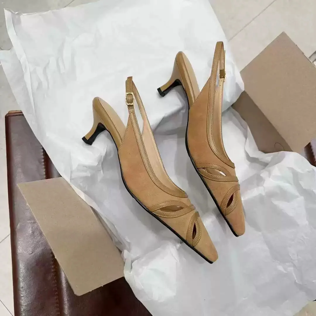 Tan Splice Leather Cutout Pointed Toe Slingback Kitten Heels Adjustable Back Buckle Ladies Office Dating Minimal Elegant Spring